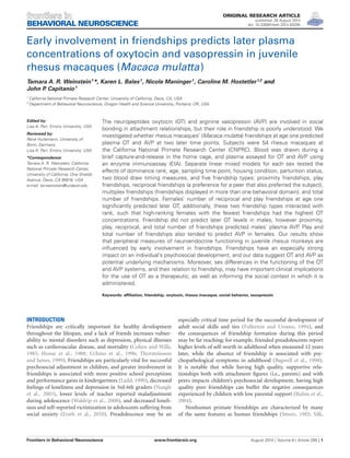 BEHAVIORAL NEUROSCIENCE
ORIGINAL RESEARCH ARTICLE
published: 28 August 2014
doi: 10.3389/fnbeh.2014.00295
Early involvement in friendships predicts later plasma
concentrations of oxytocin and vasopressin in juvenile
rhesus macaques (Macaca mulatta)
Tamara A. R. Weinstein1
*, Karen L. Bales1
, Nicole Maninger1
, Caroline M. Hostetler1,2
and
John P. Capitanio1
1
California National Primate Research Center, University of California, Davis, CA, USA
2
Department of Behavioral Neuroscience, Oregon Health and Science University, Portland, OR, USA
Edited by:
Lisa A. Parr, Emory University, USA
Reviewed by:
René Hurlemann, University of
Bonn, Germany
Lisa A. Parr, Emory University, USA
*Correspondence:
Tamara A. R. Weinstein, California
National Primate Research Center,
University of California, One Shields
Avenue, Davis, CA 95616, USA
e-mail: tarweinstein@ucdavis.edu
The neuropeptides oxytocin (OT) and arginine vasopressin (AVP) are involved in social
bonding in attachment relationships, but their role in friendship is poorly understood. We
investigated whether rhesus macaques’ (Macaca mulatta) friendships at age one predicted
plasma OT and AVP at two later time points. Subjects were 54 rhesus macaques at
the California National Primate Research Center (CNPRC). Blood was drawn during a
brief capture-and-release in the home cage, and plasma assayed for OT and AVP using
an enzyme immunoassay (EIA). Separate linear mixed models for each sex tested the
effects of dominance rank, age, sampling time point, housing condition, parturition status,
two blood draw timing measures, and ﬁve friendship types: proximity friendships, play
friendships, reciprocal friendships (a preference for a peer that also preferred the subject),
multiplex friendships (friendships displayed in more than one behavioral domain), and total
number of friendships. Females’ number of reciprocal and play friendships at age one
signiﬁcantly predicted later OT; additionally, these two friendship types interacted with
rank, such that high-ranking females with the fewest friendships had the highest OT
concentrations. Friendship did not predict later OT levels in males, however proximity,
play, reciprocal, and total number of friendships predicted males’ plasma AVP. Play and
total number of friendships also tended to predict AVP in females. Our results show
that peripheral measures of neuroendocrine functioning in juvenile rhesus monkeys are
inﬂuenced by early involvement in friendships. Friendships have an especially strong
impact on an individual’s psychosocial development, and our data suggest OT and AVP as
potential underlying mechanisms. Moreover, sex differences in the functioning of the OT
and AVP systems, and their relation to friendship, may have important clinical implications
for the use of OT as a therapeutic, as well as informing the social context in which it is
administered.
Keywords: afﬁliation, friendship, oxytocin, rhesus macaque, social behavior, vasopressin
INTRODUCTION
Friendships are critically important for healthy development
throughout the lifespan, and a lack of friends increases vulner-
ability to mental disorders such as depression, physical illnesses
such as cardiovascular disease, and mortality (Cohen and Wills,
1985; House et al., 1988; Uchino et al., 1996; Thorsteinsson
and James, 1999). Friendships are particularly vital for successful
psychosocial adjustment in children, and greater involvement in
friendships is associated with more positive school perceptions
and performance gains in kindergartners (Ladd, 1990), decreased
feelings of loneliness and depression in 3rd-6th graders (Nangle
et al., 2003), lower levels of teacher reported maladjustment
during adolescence (Waldrip et al., 2008), and decreased loneli-
ness and self-reported victimization in adolescents suffering from
social anxiety (Erath et al., 2010). Preadolescence may be an
especially critical time period for the successful development of
adult social skills and ties (Fullerton and Ursano, 1994), and
the consequences of friendship formation during this period
may be far reaching; for example, friended preadolescents report
higher levels of self-worth in adulthood when measured 12 years
later, while the absence of friendship is associated with psy-
chopathological symptoms in adulthood (Bagwell et al., 1998).
It is notable that while having high quality, supportive rela-
tionships both with attachment ﬁgures (i.e., parents) and with
peers impacts children’s psychosocial development, having high
quality peer friendships can buffer the negative consequences
experienced by children with low parental support (Rubin et al.,
2004).
Nonhuman primate friendships are characterized by many
of the same features as human friendships (Smuts, 1985; Silk,
Frontiers in Behavioral Neuroscience www.frontiersin.org August 2014 | Volume 8 | Article 295 | 1
 