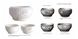 From Technical Drawings to 3D Object
A 3D printed bowl composed of; inside - a 3D printed bowl with attached decoration (see 2),
outside- a 3D printed bowl with precise holes
Render of the designed bowl
A decorated bowl with leaves
A decorated bowl with controlled holesThe two bowls becoming one object
Combining the two bowls and using different
materials
 