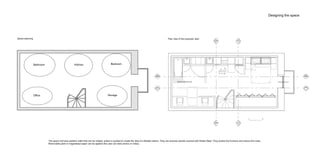 Designing the space
Storage
BedroomKitchenBathroom
Office
0 1m
CC
CCDD
DD
AA
BB
AA
BB
Space planning Plan view of the proposal plan
The space will have partition walls that can be rotated, pulled or pushed to create the idea of a flexible interior. They are acoustic panels covered with Rolled Steel. They protect the furniture and reduce the noise.
Removable paint or magnetised paper can be applied (the user can stick photos or notes).
 