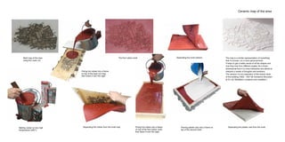 Ceramic map of the area
Poring hot rubber into a frame
on top of the laser cut map,
then leave it over the night
Separating the rubber from the mold map Separating the plaster cast from the moldMelting rubber at very high
temperature (2000C
)
The first rubber mold
Poring hot rubber into a frame
on top of the first rubber mold,
then leave it over the night
Pooring plaster clay into a frame on
top of the second mold
Mold map of the area
using the Laser cut
The map is a similar representation of something
that it is known, on a more personal level.
It helps to get a better sense of all the shapes and
how they look from different angles. As a three-
dimensional form it is more interactive and allows to
interpret a variety of thoughts and emotions.
The ceramic it is an inspiration of the historic facts
of the building (1902 - 1921 Mr Domenico Brucciani
& Co Ltd. Modellers; sculpture and modelled ).
Separating the mold rubbers
 