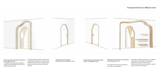Proposed entrance for different rooms
The material of the door frame and the offset en-
trance frame can be Sandalwood.
The benefits of Sandalwood essential oil can be attributed
to its properties as an antiseptic, anti-inflammatory,
antispasmodic, astringent, cicatrizant, diuretic,
disinfectant, emollient, expectorant, hypotensive, memory
booster, sedative and tonic substance.
The material of the door frame and the offset en-
trance frame can be Cedarwood, one of the most
beneficial woods for the skin.
The health benefits of Cedarwood Essential Oil can
be attributed to its properties as an anti-seborrhoeic,
antiseptic, antispasmodic, tonic, astringent, diuretic,
expectorant, insecticidal, sedative and fungicidal
substance.
Outside view of the proposed
porcelain door for the Selenium room
Outside view of the proposed porcelain
door for the Magnesium room.
Inside view of the proposed room entrance
for the Magnesium room.
Inside view of the proposed room entrance
for the Selenium room.
 