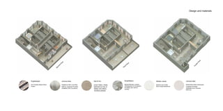 Fourth
Floor
Third
Floor
Second
Floor
Design and materials
Johnson-tiles
Sagittarius Slim Lines Blue
Natural, Unglazed Porcelain
Suitability Floor (Corridors)
Simplififabric
Natural Bamboo curtains
(Antibacterial, UV protection,
incredible soft, thermo-
control)
Kugletaeppe
Eco-Friendly Natural Wool
Carpet
Westex carpet
Natural Loop Troika
Wool Carpet (Bedroom)
Ada & Ina
Linen Fabric, Greta
Oatmeal (on top of
Tables and others
furniture pieces)
Johnson-tiles
Bertha Bone Bush Hammered
Unglazed Porcelain
Suitability Floor (Terrace/
Balcony)
 