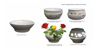 Visuals of designed object; Decorative and functional
Simple bowl made of porcelain
A decoration composed of two bowls which can
be used together or separately
A decorative object composed of three bowls which
can be used together or separately
A decorative object which can be used as a vase,
composed of two bowls one on top of each other
A decorative object which can be used as a candle
 