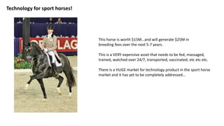 Technology for sport horses!
This horse is worth $15M…and will generate $25M in
breeding fees over the next 5-7 years.
This is a VERY expensive asset that needs to be fed, massaged,
trained, watched over 24/7, transported, vaccinated, etc etc etc.
There is a HUGE market for technology product in the sport horse
market and it has yet to be completely addressed…
 