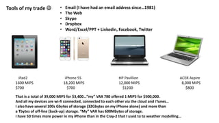 Tools of my trade  • Email (I have had an email address since…1981)
• The Web
• Skype
• Dropbox
• Word/Excel/PPT + Linkedin, Facebook, Twitter
iPad2 iPhone 5S HP Pavillion ACER Aspire
1600 MIPS 18,200 MIPS 12,000 MIPS 8,000 MIPS
$700 $700 $1200 $800
That is a total of 39,000 MIPS for $3,400…”my” VAX 780 offered 1 MIPS for $500,000.
And all my devices are wi-fi connected, connected to each other via the cloud and iTunes…
I also have several 100s Gbytes of storage (32Gbytes on my iPhone alone) and more than
a Tbytes of off-line (back-up) storage. “My” VAX has 600Mbytes of storage.
I have 50 times more power in my iPhone than in the Cray-2 that I used to to weather modelling…
 