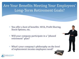  You offer a host of benefits: 401k, Profit Sharing,
Stock Options, etc.
 Will your company participate in a “phased
retirement” plan?
 What’s your company’s philosophy on the level
of replacement income employees need?
Are Your Benefits Meeting Your Employees’
Long-Term Retirement Goals?
 