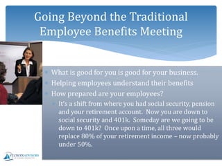 Going Beyond the Traditional
Employee Benefits Meeting
 What is good for you is good for your business.
 Helping employees understand their benefits
 How prepared are your employees?
 It’s a shift from where you had social security, pension
and your retirement account. Now you are down to
social security and 401k. Someday are we going to be
down to 401k? Once upon a time, all three would
replace 80% of your retirement income – now probably
under 50%.
 