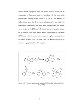 9
enhance latent fingerprints stored on porous surfaces because of the
arrangement of fluorescent items by responding with the amino acids
present in the papillary exudate (D’Elia et al., 2015). Thus, D’Elia et, al
added that the paper, like all the porous surfaces, absorbs very quickly the
hydrosoluble component of the sweat, while the liposoluble part remains
on the surface for 12–24 hours. Only a small amount of secretion remains
on the substrate for a longer period. Both 1,2-indanedione (1,2-IND) and
(DFO) react with the amino acids present in papillary exudate giving
fluorescent products, even if in some cases it is possible to observe the
enhanced fingerprint in the visible range too.
Figure 2.2 : Proposed reaction mechanism of DFO and an amino acid (Jelly
et al., 2009)
 