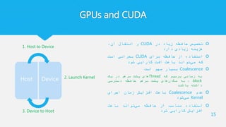 GPUs and CUDA
‫تخصیص‬‫حافظه‬‫زیاد‬‫در‬CUDA‫و‬‫انتقال‬،‫آن‬
‫هزینه‬‫زیادی‬‫دارد‬
‫استفاده‬‫از‬‫حافظه‬‫برای‬CUDA‫بحرانی‬‫است‬
‫که‬‫تواند‬‫می‬‫باعث‬‫افت‬‫کارایی‬‫شود‬
Coalescence‫بسیار‬‫مهم‬‫است‬
‫به‬‫زمانی‬‫برسیم‬‫که‬Thread‫های‬‫پشت‬‫سرهم‬‫در‬‫یک‬
block،‫به‬‫های‬‫مکان‬‫پشت‬‫سرهم‬‫حافظه‬‫دسترسی‬
‫داشته‬‫باشند‬
‫عدم‬Coalescence‫باعث‬‫افزایش‬‫زمان‬‫اجرای‬
Kernel‫شود‬‫می‬
‫استفاده‬‫مناسب‬‫از‬‫حافظه‬‫تواند‬‫می‬‫باعث‬
‫افزایش‬‫کارایی‬‫شود‬
15
Host Device
1. Host to Device
2. Launch Kernel
3. Device to Host
 
