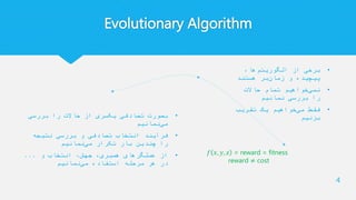 Evolutionary Algorithm
•‫بررسی‬ ‫را‬ ‫حاالت‬ ‫از‬ ‫یکسری‬ ‫تصادفی‬ ‫بصورت‬
‫نمائیم‬‫می‬
•‫نتیجه‬ ‫بررسی‬ ‫و‬ ‫تصادفی‬ ‫انتخاب‬ ‫فرآیند‬
‫نمائیم‬‫می‬ ‫تکرار‬ ‫بار‬ ‫چندین‬ ‫را‬
•‫و‬ ‫انتخاب‬ ،‫جهش‬ ،‫همبری‬ ‫عملگرهای‬ ‫از‬...
‫نمائیم‬‫می‬ ‫استفاده‬ ‫مرحله‬ ‫هر‬ ‫در‬
•،‫ها‬‫الگوریتم‬ ‫از‬ ‫برخی‬
‫هستند‬ ‫بر‬‫زمان‬ ‫و‬ ‫پیچیده‬
•‫حاالت‬ ‫تمام‬ ‫خواهیم‬‫نمی‬
‫نمائیم‬ ‫بررسی‬ ‫را‬
•‫تقریب‬ ‫یک‬ ‫خواهیم‬‫می‬ ‫فقط‬
‫بزنیم‬
4
𝑓 𝑥, 𝑦, 𝑧 = reward = fitness
reward ≠ cost
 