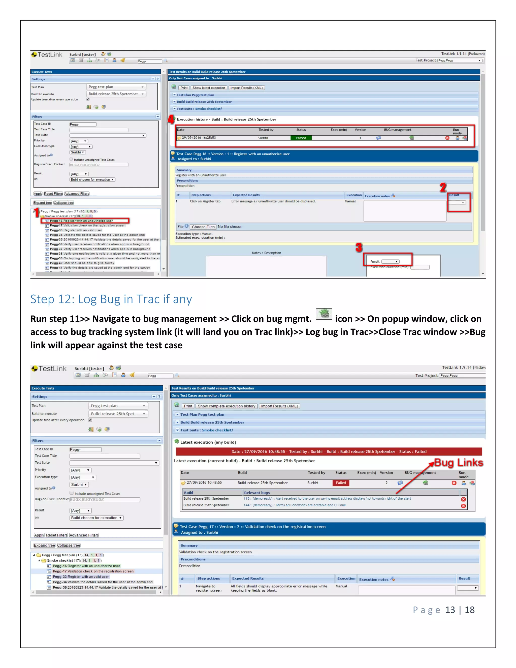 P a g e 13 | 18
Step 12: Log Bug in Trac if any
Run step 11>> Navigate to bug management >> Click on bug mgmt. icon >> On popup window, click on
access to bug tracking system link (it will land you on Trac link)>> Log bug in Trac>>Close Trac window >>Bug
link will appear against the test case
 