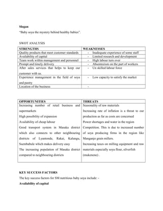 Slogan
“Baby soya the mystery behind healthy babies”.
SWOT ANALYSIS
STRENGTHS WEAKNESSES
Quality products that meet customer standards - Inadequate experience of some staff
Availability of capital - Limited research and development
Team work within management and personnel - High labour turn over
Prompt and timely delivery - Absenteeism on the part of workers
After sales services that helps to keep our
customer with us.
- Un skilled labour force
Experience management in the field of soya
and pastry
- Low capacity to satisfy the market
Location of the business -
OPPORTUNITIES THREATS
Increasing number of retail business and
supermarkets
High possibility of expansion
Availability of cheap labour
Good transport system in Masaka district
which also connects to other neighbouring
districts of Lyantonde, Rakai, Kalungu,
Ssembabule which makes delivery easy
The increasing population of Masaka district
compared to neighbouring districts
Seasonality of raw materials
Increasing rate of inflation is a threat to our
production as far as costs are concerned
Power shortages and water in the region
Competition. This is due to increased number
of soya producing firms in the region like
Manganjo grain millers.
Increasing taxes on milling equipment and raw
materials especially soya flour, silverfish
(mukenene) .
KEY SUCCESS FACTORS
The key success factors for SM nutritious baby soya include: -
Availability of capital
 