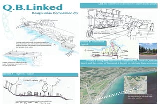 Section A - Highway - typical
Q.B.Linked
											Design Ideas Competition (b)
Link the waterfront to downtown’s charm and to people
Provide a strong link between the waterfront, the Town of Qualicum
Beach, and the corner of Memorial & Rupert to celebrate these entrances
Break water stairs on the north side of the
Looking south east towards the Qualicum Beach Inn-
break water stairs, new path locations and amenities, and
shell fish research and expanded oyster production beds
also acting as break waters
Looking to the south east - across the
street to the Shell location
Looking towards the highway from the
water - break water stairs lead from the
sea wall to the beach
New roundabout at Memorial Ave and
the Island Highway W with break water
stairs at the waterfront
Shell location
Round about
Highway
Shell fish
research/
break water
Break water stairs
on sea wall
Seawall path
RoundaboutonHighway
Section B- roundabout
- typical
 