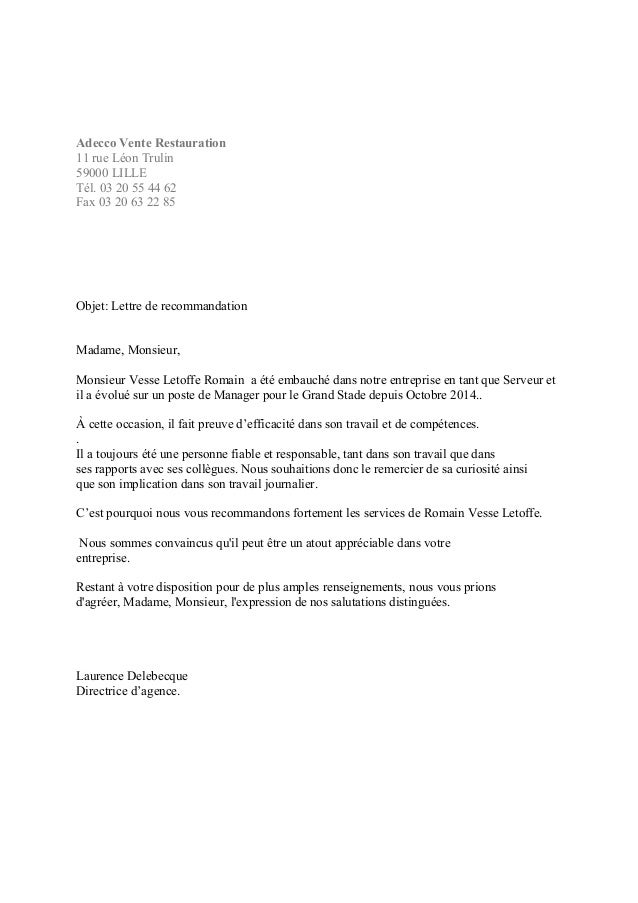 Lettre de recommandation Adecco Lille Evénementiel