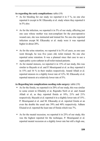 DISCUSSION
104
As regarding the early complications: table (19)
 As for bleeding for our study we reported it in 5 %, no one else
reported it except in M. Elkassaby et al. study where they reported it
in 5% also.
 As for the infection, we reported it in 5% of our study, affecting just
one case whose mother was non-compliant for the post-operative
wound care, she was instructed and trained for. No one else reported
infection except M. Elkassaby et al. study were it was reported
higher in about 20%.
 As for the urine retention, we reported it in 5% of cases, as one case
went through, he was five years old, toilet trained. No one else
reported urine retention. It was a planned since that case to use a
supra pubic cysto-catheter in all toilet trained patients.
 As for meatal stenosis, we reported it in 15% of our study, this was
similar to Hayashi et al. and P. Mouriquand et al. as they reported it
in 15% and 16 % in their studies respectively. Anand Alladi et al.
reported stenosis in a slightly lower rate of 12%. M. Elkassaby et al.
reported stenosis at a relatively lower rate of 5%.
As Regarding late complications needing redo surgery: table (19)
 As for the fistula, we reported it in 20% of our study, this was similar
to some extent to Elhalaby et al, Rajendra Nerli et al. and Anand
Alladi et al, as they reported fistula at 18%, 21% and 21%
respectively. Hayashi et al. reported it in a slightly lower rate of 15% .
P. Mouriquand et al. and M. Elkassaby et al. reported fistula at an
even the double the usual rate 39% and 40% respectively. Adham
Elsaied et al. reported the least rate of fistula which was 7%.
 As for the meatal recession, we reported it in 25% of our study, this
was the highest reported for the technique, P. Mouriquand et al.
reported meatal recession at a slightly lower rate but still a high one,
 