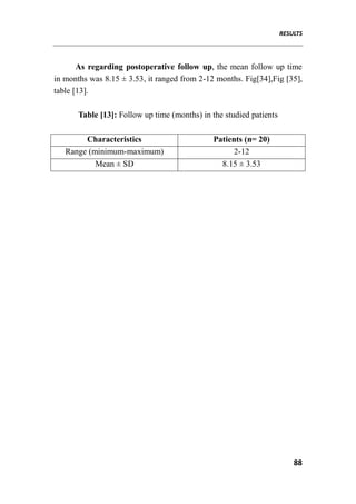 RESULTS
88
As regarding postoperative follow up, the mean follow up time
in months was 8.15 ± 3.53, it ranged from 2-12 months. Fig[34],Fig [35],
table [13].
Table [13]: Follow up time (months) in the studied patients
Characteristics Patients (n= 20)
Range (minimum-maximum) 2-12
Mean ± SD 8.15 ± 3.53
 