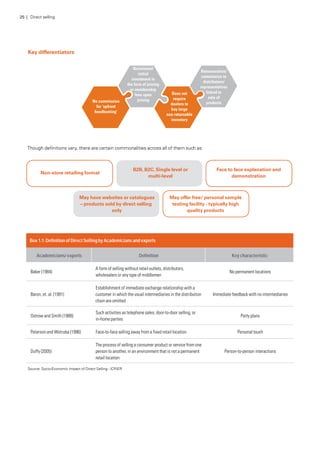 Key differentiators
Though definitions vary, there are certain commonalities across all of them such as:
Non-store retailing format
B2B, B2C, Single level or
multi-level
May have websites or catalogues
– products sold by direct selling
only
May offer free/ personal sample
testing facility - typically high
quality products
Face to face explanation and
demonstration
Box 1.1: Definition of Direct Selling by Academicians and experts
Academicians/ experts Definition Key characteristic
Baker (1984)
A form of selling without retail outlets, distributors,
wholesalers or any type of middlemen
No permanent locations
Baron, et. al. (1991)
Establishment of immediate exchange relationship with a
customer in which the usual intermediaries in the distribution
chain are omitted
Immediate feedback with no intermediaries
Ostrow and Smith (1988)
Such activities as telephone sales, door-to-door selling, or
in-home parties
Party plans
Peterson and Wotruba (1996) Face-to-face selling away from a fixed retail location Personal touch
Duffy (2005)
The process of selling a consumer product or service from one
person to another, in an environment that is not a permanent
retail location
Person-to-person interactions
25 | Direct selling
Source: Socio-Economic Impact of Direct Selling - ICRIER
 