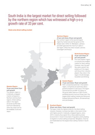 State wise direct selling market
Northern Region
27 per cent share; 33 per cent growth
The northern region is the second largest
region by market size and has grown at the
fastest rate in 2012-13. Allahabad, Ludhiana
and Delhi generate the maximum sales in
the region. Other key cities include Lucknow,
Chandigarh and Kanpur.
North Eastern Region
11 per cent share; 27
per cent growth
The north eastern region
is currently the smallest
market for direct selling.
However, over the past
few years, growth has
picked up in the region
with focus from industry
players. Key cities in the
region include Itanagar,
Guwahati and Shillong.
Eastern Region
17 per cent share; 19 per cent growth
With unexploited potential in the eastern
region, companies are optimistic about
growth prospects in the future.The region
contributed around INR 12.2 billion to
the gross sales revenue in 2012-13 and
exhibited growth at around 19 per cent.The
largest direct selling markets are Patna and
Kolkata followed by Ranchi, Bhubaneshwar
and Jamshedpur.
Western Region
15 per cent share; 9 per
cent growth
The western region is
a relatively untapped
market compared to
Northern and Southern
regions. Direct selling
sales in this region
are driven by Mumbai
and Pune followed by
other key cities such as
Ahmedabad, Surat and
Jaipur.
Southern Region
30 per cent share; 14 per cent growth
The region holds the highest share for the direct selling
industry. However, its share has fallen in the recent times
with higher growth in relatively untapped regions, and a
shift in industry focus given the un-favourable business
environment in recent times (lack of regulatory clarity leading
to litigation on direct selling companies). Bangalore, Chennai
and Hyderabad are the largest direct selling markets in South
India.
South India is the largest market for direct selling followed
by the northern region which has witnessed a high y-o-y
growth rate of 33 per cent.
Source: IDSA
Direct selling | 42
 