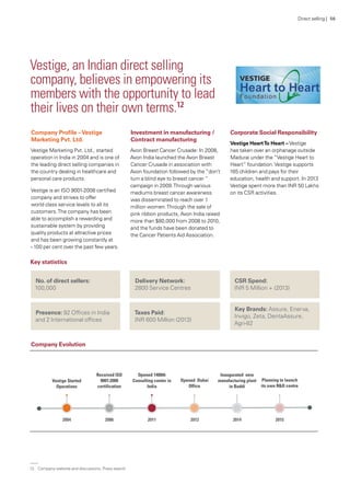 Vestige, an Indian direct selling
company, believes in empowering its
members with the opportunity to lead
their lives on their own terms.12
Company Profile –Vestige
Marketing Pvt. Ltd.
Vestige Marketing Pvt. Ltd., started
operation in India in 2004 and is one of
the leading direct selling companies in
the country dealing in healthcare and
personal care products.
Vestige is an ISO 9001-2008 certified
company and strives to offer
world class service levels to all its
customers.The company has been
able to accomplish a rewarding and
sustainable system by providing
quality products at attractive prices
and has been growing constantly at
~100 per cent over the past few years.
Investment in manufacturing /
Contract manufacturing
Avon Breast Cancer Crusade: In 2008,
Avon India launched the Avon Breast
Cancer Crusade in association with
Avon foundation followed by the “don’t
turn a blind eye to breast cancer “
campaign in 2009.Through various
mediums breast cancer awareness
was disseminated to reach over 1
million women.Through the sale of
pink ribbon products, Avon India raised
more than $80,000 from 2008 to 2010,
and the funds have been donated to
the Cancer Patients Aid Association.
Corporate Social Responsibility
Vestige HeartTo Heart –Vestige
has taken over an orphanage outside
Madurai under the “Vestige Heart to
Heart” foundation.Vestige supports
165 children and pays for their
education, health and support. In 2013
Vestige spent more than INR 50 Lakhs
on its CSR activities.
Company Evolution
Key statistics
No. of direct sellers:
100,000
Presence: 92 Offices in India
and 2 International offices
Delivery Network:
2800 Service Centres
Taxes Paid:
INR 600 Million (2013)
CSR Spend:
INR 5 Million + (2013)
Key Brands: Assure, Enerva,
Invigo, Zeta, DentaAssure,
Agri-82
Direct selling | 56
12.	 Company website and discussions, Press search
 