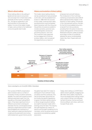 What is direct selling
Direct selling refers to the selling of
goods and services to consumers
who are away from a fixed retail outlet,
generally at their homes, workplace,
etc., through an explanation, and
demonstration of the product by
sellers. It is one of the oldest modes
of sales, and is similar to the traditional
consumer goods retail model.
History and evolution of direct selling
The modern direct selling industry
can be considered to have pioneered
in the USA, with the establishment
of Avon in 1886.With the success
of this model, involving lower sales,
and distributions costs and greater
direct interaction with the consumer,
the portfolio of products swelled to
include cosmetics, personal care,
household goods, accessories
and other products, over time.
The movement was supported
by the engagement of women
as direct sellers, who considered
this opportunity as a means of
empowerment and self-reliance.
The introduction of the multi-level
marketing compensation plans (MLM
plans) opened another chapter in the
evolution of direct selling. Introduced
in the mid-twentieth century, the plan
for the first time enabled consumers
to benefit from the success by
providing them the option to become
a direct selling partner of the business.
MLM plans became widely accepted
and a large number of companies
adopted the same including global
majors like; Avon,Tupperware and
Amway.
The success of MLM compensation
plans however, led to a number of
fraudulent money circulation schemes
globally.The scammers posed as direct
selling enterprises to gain from the
popularity of the direct selling MLM
plans. It has taken significant time in
different economies to distinguish
between the two, and recognise direct
selling as a legitimate business model.
Acknowledging the importance of
direct selling as a sales and distribution
model and its potential for promoting
self-employment, governments across
the globe have taken firm steps to
distinguish it from artificial money
circulation and Ponzi schemes.This
has primarily been done either (a)
by introducing specific legislations
to govern the direct selling industry,
or (b) by recognising direct selling
as a rightful business model within
existing consumer laws.The industry
also self-regulates by creation of
specific and stringent guidelines for its
members, which are governed by local
associations accredited by a global
association.
Today, direct selling is a US167 billion
(2012) industry globally, engaging over
89 million direct sellers. Asia-Pacific
forms the largest direct selling market
with a share of 44 per cent followed
by North America, Central and South
America (20 per cent share, each) and
Europe (15 per cent).
Source: www.blog.ficci.com, 9 July 2014, KPMG in India analysis
Direct selling | 4
 