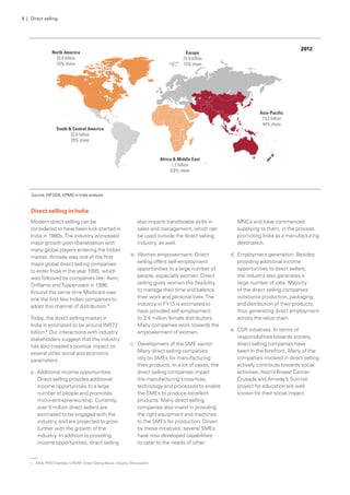 Source:WFSDA, KPMG in India analysis
Direct selling in India
Modern direct selling can be
considered to have been kick-started in
India in 1980s.The industry witnessed
major growth post-liberalisation with
many global players entering the Indian
market. Amway was one of the first
major global direct selling companies
to enter India in the year 1995, which
was followed by companies like; Avon,
Oriflame andTupperware in 1996.
Around the same time Modicare was
one the first few Indian companies to
adopt this channel of distribution.1
Today, the direct selling market in
India is estimated to be around INR72
billion.1
Our interactions with industry
stakeholders suggest that the industry
has also created a positive impact on
several other social and economic
parameters:
a.	 Additional income opportunities:
Direct selling provides additional
income opportunities to a large
number of people and promotes
micro-entrepreneurship. Currently,
over 5 million direct sellers are
estimated to be engaged with the
industry, and are projected to grow
further with the growth of the
industry. In addition to providing
income opportunities, direct selling
also imparts transferable skills in
sales and management, which can
be used outside the direct selling
industry, as well.
b.	Women empowerment: Direct
selling offers self-employment
opportunities to a large number of
people, especially women. Direct
selling gives women the flexibility
to manage their time and balance
their work and personal lives.The
industry in FY13 is estimated to
have provided self-employment
to 3.4 million female distributors.
Many companies work towards the
empowerment of women.
c.	 Development of the SME sector:
Many direct selling companies
rely on SMEs for manufacturing
their products. In a lot of cases, the
direct selling companies impart
the manufacturing know-how,
technology and processes to enable
the SMEs to produce excellent
products. Many direct selling
companies also invest in providing
the right equipment and machines
to the SMEs for production. Driven
by these initiatives, several SMEs
have now developed capabilities
to cater to the needs of other
MNCs and have commenced
supplying to them, in the process
promoting India as a manufacturing
destination.
d.	 Employment generation: Besides
providing additional income
opportunities to direct sellers,
the industry also generates a
large number of jobs. Majority
of the direct selling companies
outsource production, packaging
and distribution of their products,
thus generating direct employment
across the value chain.
e.	 CSR initiatives: In terms of
responsibilities towards society,
direct selling companies have
been in the forefront. Many of the
companies involved in direct selling
actively contribute towards social
activities. Avon’s Breast Cancer
Crusade and Amway’s Sunrise
project for education are well
known for their social impact.
2012
5 | Direct selling
1.	 IDSA, PHD Chamber, ICREAR, Direct Selling News, Industry Discussions
 