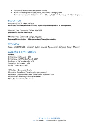 CAMILLE Y. ROBERTS
(m) 214.868.4965 | (e) c.y.roberts2013@gmail.com
▪ Greeted visitors with great customer service
▪ Maintained adequate office supplies, inventory, & filing system
▪ Planned major events that serviced over 750 people (Carnivals, Group out of town trips, etc.)
EDUCATION
Universityof NorthTexas, May2010
Bachelor of BusinessAdministrationinOrganizational Behavior & H. R. Management
MountainViewCommunityCollege, May2005
Associate of Science in Business
MountainView CommunityCollege,May2005
BusinessAdministration– HR Assistant Certificate ofCompletion
TECHNICAL
People Soft| KRONOS | Microsoft Suite | ServiceU Management Software |Survey Monkey
AWARDS & AFFILIATIONS
Awards
OutstandingStaff Award –2006
OutstandingStaff MemberAward –2007
Employee of the YearAward – 2009
OperationsStaff Award - 2011
1st
PACTNomination –2015
Affiliations|CommunityService
Memberof DeltaSigmaThetaSorority,Incorporated
Memberof SouthDallasBusinessProfessionalsWomen’sClub
SoupMobile Community Volunteer&Leader
“Grow South”Initiative Volunteer
 