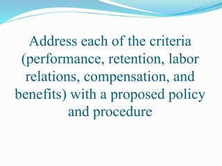 Address each of the criteria
(performance, retention, labor
relations, compensation, and
benefits) with a proposed policy
and procedure
 
