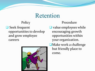 Retention
Policy
 Seek frequent
opportunities to develop
and grow employee
careers
Procedure
 value employees while
encouraging growth
opportunities within
your organization.
Make work a challenge
but friendly place to
come.
 
