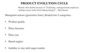 PRODUCT EVOLUTION CYCLE
Managerial actions (generative force) divided into 5 categories:
• Product quality
• Price increases
• Price cuts
• Brand neglect
• Inability to stay with target market
Brands often decline because of “leadership , management & employees
making excuses rather than making integrity” – Ron Strauss
 