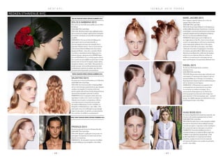 H A I R  E T C .
- 6 8 - - 6 9 -
MARC JACOBS SS15
Έναςτολµηρόςτετραπλόςκόµποςγιατοσόουτης
γραµµήςMarcbyMarcJacobs.
HAIRDIRECTOR:GuidoPalau
THELOOK: ΈναµοντέρνοMohawk πουδιατήρησεµια
αίσθησηαθώαςθηλυκότητας.Κοριτσίστικο,νεανικόκαι
παιχνιδιάρικο,τολουκαυτόαποτελούνταναπότέσσερα
χωρισµένακοµµάτιαµαλλιώνµπλεγµένασεκόµπους,
δίνονταςστοσόουµιααισθητικήαπόπάρτι.
INSPIRATION:ΕµπνευσµένοαπότηνBjörkκαιτην
neo-hippieφάσητωνlate-80s.«Αυτότολουκείναιµια
συνέχειατηςπροηγούµενηςσεζόν,µετηνκοριτσίστικη
αλλάσυνάµαpunkyαισθητική.Είναιτοίδιοκορίτσι,
αλλάαυτήτησεζόνπάεισεraveπάρτι»,είπεοPalau.
«Τίποταδενείναιτέλειο.Ηχωρίστραδενείναιτέλεια,
έτσιπαίρνειςµιαpunkαίσθηση. Έβαλαλίγονερόστα
δάκτυλαµουκαιέβγαλαέξωταbabyhairαπότριγύρω,
κολλώνταςταστοπρόσωπο,θέλονταςναδώσωτην
αίσθησηότιτακορίτσιαµόλιςεπέστρεψαναπόrave
πάρτι,αλλάδιατηρούντηνκοριτσίστικηαθωότητάτους».
C A T W A L K H A I R T R E N D S
DIESEL SS15
Το σόου της Diesel παρουσίασε το απόλυτα
καλοκαιρινό στιλ.
HAIR DIRECTOR:Guido Palau
THE LOOK:Μια µοντέρνα αλογοουρά,γυαλισµένη και
ευκολοφόρετη.Το φουτουριστικό,λακαριστό εφέ που
χρησιµοποιήθηκε για το τέλειωµα του χτενίσµατος,
δηµιούργησε µια σύγχρονη υφή που αναδείχτηκε µέσα
από την απλότητα του χτενίσµατος.
INSPIRATION:«Η δουλεία µου ως κοµµωτής είναι
να εκσυγχρονίσω την αλογοουρά και να την κάνω
πιο σχετική µε την γυναίκα του σήµερα. Έτσι η
αλογοουρά που δηµιούργησα για την Diesel είναι
πολύ συγυρισµένη και κλασσική,αλλά συνάµα λίγο
φουτουριστική.Οι δύο αναγνωρίσιµες υφές – γυαλιστή
και µατ- και η βαθιά χωρίστρα την αναδεικνύουν σε ένα
πολύ ξεχωριστό λουκ»,είπε ο Palau.
HUGO BOSS SS15
Το λουκ της Hugo Boss ήταν φυσικό και σοφιστικέ,που
είναι και τα δύο µεγάλα χαρακτηριστικά του brand.
HAIR DIRECTOR:Guido Palau
THE LOOK: Ένα απλό λουκ το οποίο παραµένει καθαρό
και γυαλιστό.Αποτελείται από µια καθαρή χωρίστρα
στη µέση που αφήνει το πρόσωπο εντελώς εκτεθειµένο
δίνει µια φυσική υφή στο πίσω µέρος των µαλλιών.
INSPIRATION:Η µοντέρνα αίσθηση που έχει το
χτένισµα κτίστηκε µε την χρήση αντίθετων υφών που
ενώθηκαν σε µια απαλή και όµορφη δοµή.«Ο Hu-
go Boss παρουσιάζει την ιστορία µιας µοντέρνας,
κλασσάτης γυναίκας και αυτό είναι ένα σοφιστικέ
κτένισµα που θα πήγαινε στην γυναίκα της µοντέρνας
εποχής»,είπε ο Palau.
REDKEN 5THAVENUE NYC
DOLCE & GABBANA SS15
Ένας κότσος µε λουλούδια και πετράδια για τους Dolce
& Gabbana.
HAIR DIRECTOR:Guido Palau
THE LOOK:Μαλλιά µε αέρινη υφή,τραβηγµένα πάνω
από τα αυτιά σε ένα χαλαρό,χαµηλό κότσο στολισµένο
µε πλούσιες κατασκευές µε λουλούδια και κορώνες µε
πετράδια.
INSPIRATION: Το λουκ των Dolce & Gabbana είναι
εµπνευσµένο από την µοντέρνα Ισπανίδα,γι’
αυτό και κυρίαρχο χτένισµα στην πασαρέλα ήταν ο
κλασσικός,θηλυκός κότσος.«Αυτό το λουκ είναι ένα
πολύ κλασσικό Dolce & Gabbana λουκ.Είναι απαλό,
όµορφο και θηλυκό – όπως όλες οι γυναίκες θέλουν
να µοιάζουν.∆ηµιούργησα απαλά chignons µε ένα
ισπανικό άγγιγµα,χρησιµοποιώντας REDKEN Signa-
ture LookWind Blown 05 για να δηµιουργήσω υφή σε
όλο το µαλλί,και µετά τράβηξα τα µαλλιά προς τα πίσω
και πάνω από τα αυτιά σε ένα χαµηλό,χαλαρό,κάπως
ασυγύριστο πιάσιµο»,είπε ο Palau.«Θα µπορούσε να
µοιάζει αυστηρό,αλλά επειδή χρησιµοποίησα πολύ
τα δάκτυλά µου,φαίνεται πιο µαλακό,παρ’όλο που η
συνολική εικόνα παρουσιάζει µια πολυτέλεια».
VALENTINO SS15
Ένα ροµαντικό λουκ µε χρυσά κοχύλια για τονValentino.
HAIR DIRECTOR:Guido Palau
THE LOOK: Ένα λουκ που µοιάζει να δηµιουργήθηκε
από την συνένωση µιας πριγκίπισσας και µιας όµορφης
γυναίκας στην παραλία.Το λουκ έχει πολλά wavy
µαλλιά,γεµάτα υφή,αλλά και ένα αξεσουάρ µαλλιών µε
χρυσά κοχύλια περασµένο µέσα από τα µαλλιά.
INSPIRATION:Αυτό το αγαπηµένο salon-style λουκ,
παρέπεµπε σε εικόνες από τις ακτές της Ιταλίας.«Ο
Valentino έχει ένα τρόπο να ανακαλύπτει τι θέλουν
οι γυναίκες και αυτό το λουκ είναι για τη γυναίκα
που αγαπά τη θάλασσα και τον ήλιο,αλλά θέλει να
διατηρήσει τη θηλυκότητά της»,είπε ο Palau.«Ένα
πολύ απαλό,wavy στιλ συνδυασµένο µε µια όµορφη
τιάρα στο πίσω µέρος των µαλλιών,µε χρυσά κοχύλια
που ενισχύουν την αίσθηση του καλοκαιριού».
PROENZA SS15
Ένα κουλ αγορίστικο λουκ για την Proenza Schouler.
HAIR DIRECTOR:Guido Palau
THE LOOK:Βρεγµένο,τραβηγµένο λουκ µε όγκο στο
πίσω µέρος του κεφαλιού,ένα τέλειο λουκ για όσες
αγαπούν την περιπέτεια.
INSPIRATION:«Το τελειωµένο λουκ είχε ένα καθαρό,
cool-girl αίσθηµα µε λίγη σκληράδα».είπε ο Palau.
MILAN FASHION WEEK SPRING SUMMER 2015
PARIS FASHION WEEK SPRING SUMMER 2015
NEW YORK FASHION WEEK SPRING SUMMER 2015
 