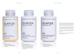 H A I R  E T C .
- 7 6 - - 7 7 -
T H E P R O D U C T S
Το OLAPLEX µια ΕπιστηµονικάΑποδεδειγµένη ΕπαγγελµατικήΥπηρεσία
3-Βηµάτων που χρησιµοποιείται απο χιλιάδες κοµµωτές παγκόσµια και
τους βοηθά να επιφέρουν ακόµη πιο ξανθιά αποτελέσµατα στα µαλλιά
των πελατών του χωρίς να επηρεάζουν την ακεραιότητα του µαλλιού.
Ένα ενεργό συστατικο το OLAPLEX, σχεδιάστηκε για να επανενώνει τα
disulfide sulfur bonds (∆ισουλφιδικους Θειώδης ∆εσµούς) που σπάνε
κατά την διαδικασία χηµικών επεξεργασιών (µόνιµη βαφή και ξάνοιγµα).
Αναµιγνύεται µαζί µε το µείγµα της βαφής η της ξανθιστικής σκόνης
δίνοντας εντυπωσιακά αποτελέσµατα στα µαλλιά αυξάνοντας την υγεία
και δύναµη τους.
Το OLAPLEX δεν περιέχει σιλικόνες, λάδια,Αλδεΰδες (Aldehydes),
Παραβενζοϊκά (parabens) και γλουτένη.
No 1
OLAPLEX BOND MULTIPLIER NO1
Προσθεστε το µέσα στο µείγµα της µόνιµης βαφής η
ξανθιστικής σκόνης µετά που ήδη έχετε βάλει µεσα το
ανάλογο oxydant.
No 2
OLAPLEX BOND PERFECTOR NO2
Αφού ξεπλύνετε το χρώµα µε νερό τοποθετήστε το στα
µαλλιά το πιό λίγο για 5 λεπτά και µετα ξεπλύνετε µε νερό
και χρησιµοποιήστε σαµπουάν και µαλακτική κρέµα.
Μπορεί να χρησιµοποιηθεί σε οποιοδήποτε πελάτη
σαν µια γρήγορη θεραπεία ενδυνάµωσης µαλλιών η σαν
λοσιόν κουρέµατος.
No 3
OLAPLEX HAIR PERFECTOR NO3
Ο πελάτης παίρνει το HAIR PERFECTOR NO3 στο
σπίτι για χρήση µιά φορά την βδοµάδα για ένα
ολοκληρωµένο αποτέλεσµα.
 