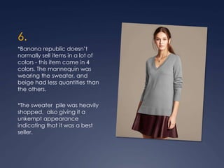 6.
*Banana republic doesn’t
normally sell items in a lot of
colors - this item came in 4
colors. The mannequin was
wearing the sweater, and
beige had less quantities than
the others.
*The sweater pile was heavily
shopped, also giving it a
unkempt appearance
indicating that it was a best
seller.
 