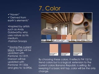 7. Color
•“Haven”
•“Derived from
earth’s elements”
•Inspired by artists
such as Andy
Goldworthy who
uses nature as his
medium.
-Fashion Snoops
* Saving the current
black, beige will be
updated with
Pantone 15-1319,
maroon will be
updated with
Pantone 19-1334,
and grey to 16-0906.
By choosing these colors, it reflects FW 15/16
trend colors but is a logical extension to the
current colors Banana Republic is selling. By
keeping it a basic knit top, color will be the only
change.
 