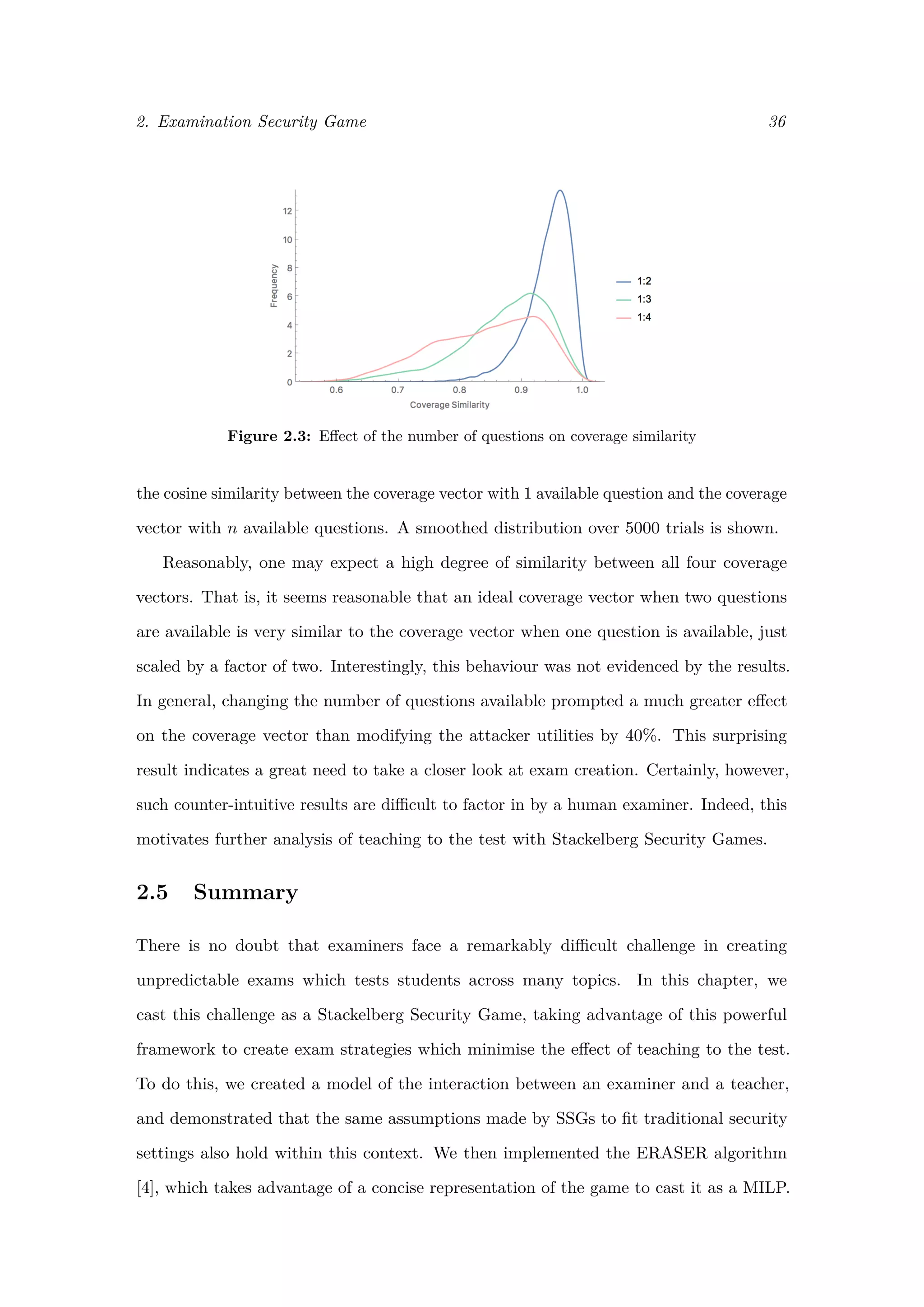 2. Examination Security Game 36
Figure 2.3: Eﬀect of the number of questions on coverage similarity
the cosine similarity between the coverage vector with 1 available question and the coverage
vector with n available questions. A smoothed distribution over 5000 trials is shown.
Reasonably, one may expect a high degree of similarity between all four coverage
vectors. That is, it seems reasonable that an ideal coverage vector when two questions
are available is very similar to the coverage vector when one question is available, just
scaled by a factor of two. Interestingly, this behaviour was not evidenced by the results.
In general, changing the number of questions available prompted a much greater eﬀect
on the coverage vector than modifying the attacker utilities by 40%. This surprising
result indicates a great need to take a closer look at exam creation. Certainly, however,
such counter-intuitive results are diﬃcult to factor in by a human examiner. Indeed, this
motivates further analysis of teaching to the test with Stackelberg Security Games.
2.5 Summary
There is no doubt that examiners face a remarkably diﬃcult challenge in creating
unpredictable exams which tests students across many topics. In this chapter, we
cast this challenge as a Stackelberg Security Game, taking advantage of this powerful
framework to create exam strategies which minimise the eﬀect of teaching to the test.
To do this, we created a model of the interaction between an examiner and a teacher,
and demonstrated that the same assumptions made by SSGs to ﬁt traditional security
settings also hold within this context. We then implemented the ERASER algorithm
[4], which takes advantage of a concise representation of the game to cast it as a MILP.
 