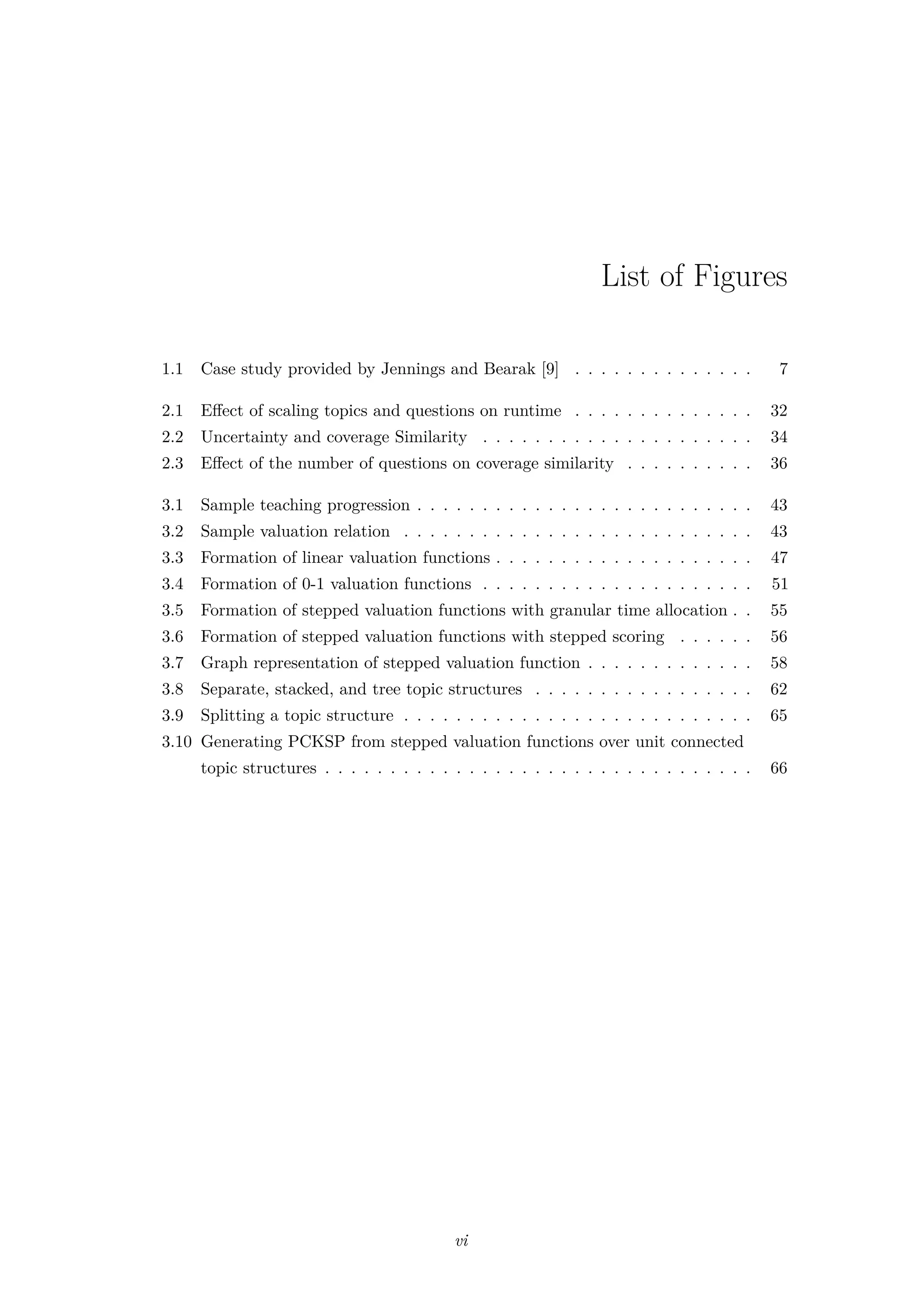 List of Figures
1.1 Case study provided by Jennings and Bearak [9] . . . . . . . . . . . . . . 7
2.1 Eﬀect of scaling topics and questions on runtime . . . . . . . . . . . . . . 32
2.2 Uncertainty and coverage Similarity . . . . . . . . . . . . . . . . . . . . . 34
2.3 Eﬀect of the number of questions on coverage similarity . . . . . . . . . . 36
3.1 Sample teaching progression . . . . . . . . . . . . . . . . . . . . . . . . . . 43
3.2 Sample valuation relation . . . . . . . . . . . . . . . . . . . . . . . . . . . 43
3.3 Formation of linear valuation functions . . . . . . . . . . . . . . . . . . . . 47
3.4 Formation of 0-1 valuation functions . . . . . . . . . . . . . . . . . . . . . 51
3.5 Formation of stepped valuation functions with granular time allocation . . 55
3.6 Formation of stepped valuation functions with stepped scoring . . . . . . 56
3.7 Graph representation of stepped valuation function . . . . . . . . . . . . . 58
3.8 Separate, stacked, and tree topic structures . . . . . . . . . . . . . . . . . 62
3.9 Splitting a topic structure . . . . . . . . . . . . . . . . . . . . . . . . . . . 65
3.10 Generating PCKSP from stepped valuation functions over unit connected
topic structures . . . . . . . . . . . . . . . . . . . . . . . . . . . . . . . . . 66
vi
 