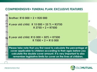 PRESENTATION TITLEPRESENTATION TITLE
COMPREHENSIVE+ FUNERAL PLAN: EXCLUSIVE FEATURES
How does the double accident cover work?
If a covered life dies due to accidental causes under a Comprehensive+ Funeral
Plan, double the cover amount will be paid for a valid claim. The double
accident cover applies to all covered lives except for stillborns.
The double accident cover is also available when the policy is in a paid-up status.
Example:
James covered is brother under Comprehensive + for R10 000. He also covered
his family for R15 000. He has two children ages 4 and 8.
If any of the people covered in the scenario above should die due to an
accident, the following amount will be paid:
15
Brother: R10 000 × 2 = R20 000
4 year old child: R 15 000 × 25 % = R3750
R 3750 × 2 = R7500
8 year old child: R15 000 × 50% = R7500
R 7500 × 2 = R15 000
Please take note that you first need to calculate the percentage of
cover applicable to children according to their ages before you
calculate the double cover amount. It is very important to also
remember legislative limits for cover on the lives of children.
 