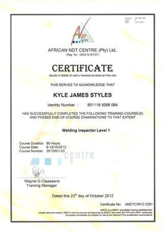 Kyle James Styles WI1 Certificate