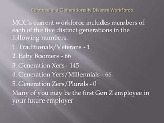 MCC’s current workforce includes members of
each of the five distinct generations in the
following numbers:
1. Traditionals/Veterans - 1
2. Baby Boomers - 66
3. Generation Xers - 145
4. Generation Yers/Millennials - 66
5. Generation Zers/Plurals - 0
Many of you may be the first Gen Z employee in
your future employer
 