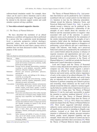 software-based simulation model. For example, these
values can be used to derive intentions used to drive
reasoning or behavior within an agent. This agent would
be internal to the decision support system and could
simulate a person solving a problem.
3. Non-ethics-oriented supportive theories
3.1. The Theory of Planned Behavior
We have described the resolution of an ethical
dilemma as a problem solving process that is performed
by a person who has a particular moral development
level, a particular perspective (ethical ideology),
particular values, and uses particular heuristic(s).
However, beliefs that are used when a person solves a
problem have not been discussed in detail. That is the
purpose of this section.
The Theory of Planned Behavior (Fig. 1(a)) postu-
lates that behavior can be predicted by one's intention
(combined with one's actual control over the behavior)
[1]. Intention in turn has the following antecedents:
Attitude toward the behavior, Subjective Norm, and
Perceived Behavioral Control (Fig. 1(a)). A person's
attitude toward a behavior can be predicted by the
summation of the multiplicative relationship of the
strengths of one's beliefs about the outcomes of a
behavior and the associated positive or negative value
associated with each of the outcomes. A person's
subjective norm can be predicted by the summation of
the similar relationship between the strengths of one's
normative belief about the likelihood that important
referent individuals or groups approve or disapprove of
performing a given behavior and one's motivations to
comply with referents. And finally, one's perceived
behavioral control can be predicted by the summation of
one's control beliefs (about the presence or absence of
requisite resources and opportunities) and one's per-
ceived powers to perform behaviors. The Theory of
Reasoned Action was a precursor to the Theory of
Planned Behavior [1] and did not include the Perceived
Behavioral Control antecedent to Intention.
Loch and Conger used the Theory of Reasoned
Action to study ethical decision making in the context of
computer use [42]. Their model suggests a person's
intentions are affected by ethical attitudes towards a
behavior and social norms, and the relative importance
of each, in the context of an ethical dilemma [42]. The
research reported that both attitudes and social norms
play an important role in determining an individual's
intentions to perform computing acts related to privacy
and ownership, where intentions are the result of the
attitude toward the behavior, subjective norm(s) regard-
ing the behavior, and the relative importance of each as a
moderator [42]. Chang states “the Theory of Planned
Behavior [1] can be used quite successfully to predict
the intention to perform unethical behavior” ([12], p.
1833) and that “the Theory of Planned Behavior
predicted unethical behavior better than the Theory of
Reasoned Action...” ([12], p. 1831). Peace et al. tested a
model developed from the Theory of Planned Behavior
[49]. Their results suggested individual attitudes,
subjective norms and perceived behavioral control are
all significant pre-cursors to intending to illegally copy
software. Leonard et al. finds that IT behavioral
intention is influenced by attitude, personal normative
beliefs, gender, moral judgment capability and ego
strength, which refers the amount of control one has to
refuse impulses and follow their convictions [38]. While
the Theory of Planned Behavior helps us understand
Table 2
Value sets (based on motivational goals) and corresponding values
Value set Values
Power: Social status and prestige, control and dominance over
people and resources (social power, authority, wealth,
preserving my public image)
Achievement: Personal success through demonstrating competence
according to social standards. (successful, capable,
ambitious, influential, intelligent, self-respect)
Hedonism: Pleasure and sensuous gratification. (pleasure,
enjoying life)
Stimulation: Excitement, novelty, and challenge in life. (daring, a
varied life, an exciting life)
Self-
direction:
Independent thought and action-choosing, creating,
exploring. (creativity, freedom, independent, curious,
choosing own goals, self-respect)
Universalism: Understanding, appreciation, tolerance and protection
for the welfare of all people and for nature. (broad-
minded, wisdom, social justice, equality, a world at
peace, a world of beauty, unity with nature, protecting
the environment)
Benevolence: Preservation and enhancement of the welfare of people
with whom one is in frequent contact. (helpful, honest,
forgiving, loyal, responsible, true friendship, mature
love)
Tradition: Respect, commitment and acceptance of the customs
and ideas that traditional culture or religion provide the
self. (humble, accepting my portion in life, devout,
respect for tradition, moderate)
Conformity: Restraint of actions, inclinations and impulses likely to
upset or harm others and violate social norms.
(politeness, obedient, self-discipline, honoring parents
and elders)
Security: Safety, harmony and stability of society, of relation-
ships, and of self. (family security, national security,
social order, clean, reciprocation of favors, sense of
belonging, healthy)
Source: [63], derived in part from [59].
1575R.W. Robbins, W.A. Wallace / Decision Support Systems 43 (2007) 1571–1587
 