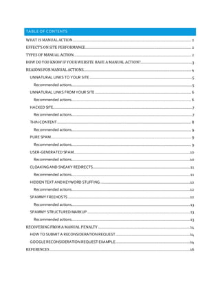 TABLE OF CONTENTS
WHAT IS MANUAL ACTION.............................................................................................................. 2
EFFECT’S ON SITE PERFORMANCE.................................................................................................. 2
TYPES OF MANUAL ACTION............................................................................................................. 2
HOW DOYOU KNOW IFYOURWEBSITE HAVE A MANUAL ACTION?................................................3
REASONS FOR MANUAL ACTIONS.................................................................................................... 4
UNNATURAL LINKS TO YOUR SITE...............................................................................................5
Recommended actions................................................................................................................5
UNNATURAL LINKS FROM YOUR SITE......................................................................................... 6
Recommended actions............................................................................................................... 6
HACKED SITE.................................................................................................................................7
Recommended actions................................................................................................................7
THIN CONTENT............................................................................................................................ 8
Recommended actions............................................................................................................... 9
PURE SPAM.................................................................................................................................. 9
Recommended actions............................................................................................................... 9
USER-GENERATED SPAM............................................................................................................10
Recommended actions..............................................................................................................10
CLOAKINGAND SNEAKY REDIRECTS..........................................................................................11
Recommended actions..............................................................................................................11
HIDDEN TEXT ANDKEYWORD STUFFING ...................................................................................12
Recommended actions..............................................................................................................12
SPAMMYFREEHOSTS.................................................................................................................12
Recommended actions..............................................................................................................13
SPAMMY STRUCTURED MARKUP ...............................................................................................13
Recommended actions..............................................................................................................13
RECOVERING FROM A MANUAL PENALTY .....................................................................................14
HOW TO SUBMITA RECONSIDERATION REQUEST.....................................................................14
GOOGLERECONSIDERATION REQUEST EXAMPLE.....................................................................14
REFERENCES..................................................................................................................................16
 