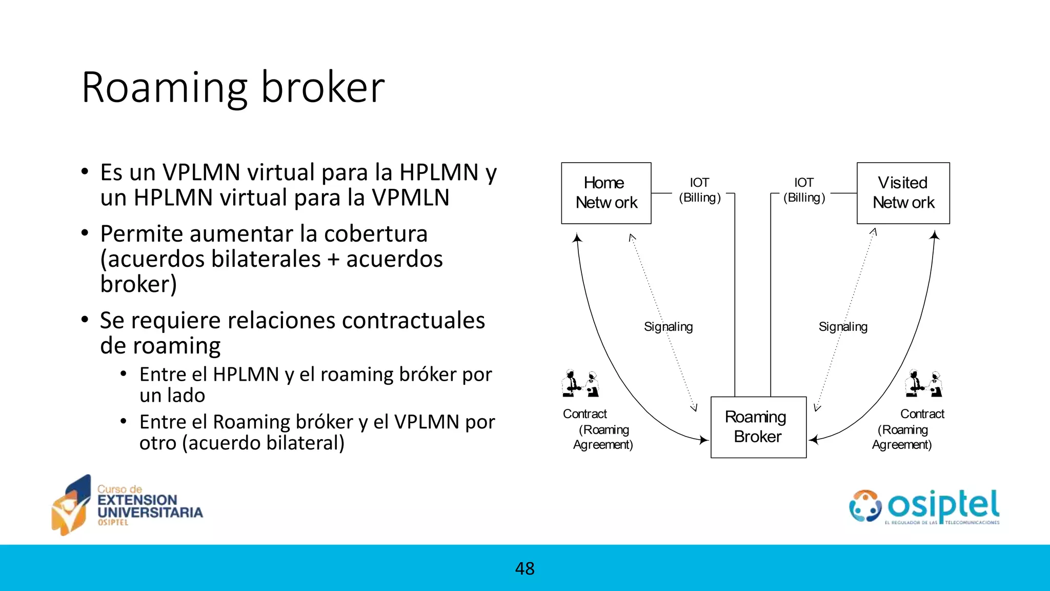 48
Roaming broker
• Es un VPLMN virtual para la HPLMN y
un HPLMN virtual para la VPMLN
• Permite aumentar la cobertura
(acuerdos bilaterales + acuerdos
broker)
• Se requiere relaciones contractuales
de roaming
• Entre el HPLMN y el roaming bróker por
un lado
• Entre el Roaming bróker y el VPLMN por
otro (acuerdo bilateral)
Roaming
Broker
Home
Netw ork
Visited
Netw ork
Contract
(Roaming
Agreement)
Contract
(Roaming
Agreement)
SignalingSignaling
IOT
(Billing)
IOT
(Billing)
 
