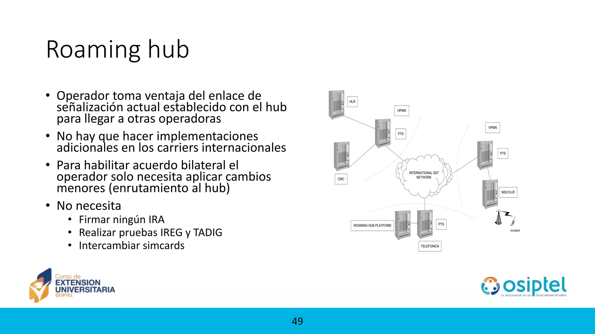 49
Roaming hub
• Operador toma ventaja del enlace de
señalización actual establecido con el hub
para llegar a otras operadoras
• No hay que hacer implementaciones
adicionales en los carriers internacionales
• Para habilitar acuerdo bilateral el
operador solo necesita aplicar cambios
menores (enrutamiento al hub)
• No necesita
• Firmar ningún IRA
• Realizar pruebas IREG y TADIG
• Intercambiar simcards
ROAMER
INTERNATIONAL SS7
NETWORK
HLR
CMC
PTS
PTSROAMING HUB PLATFORM
PTS
MSC/VLR
VPMN
HPMN
TELEFONICA
 