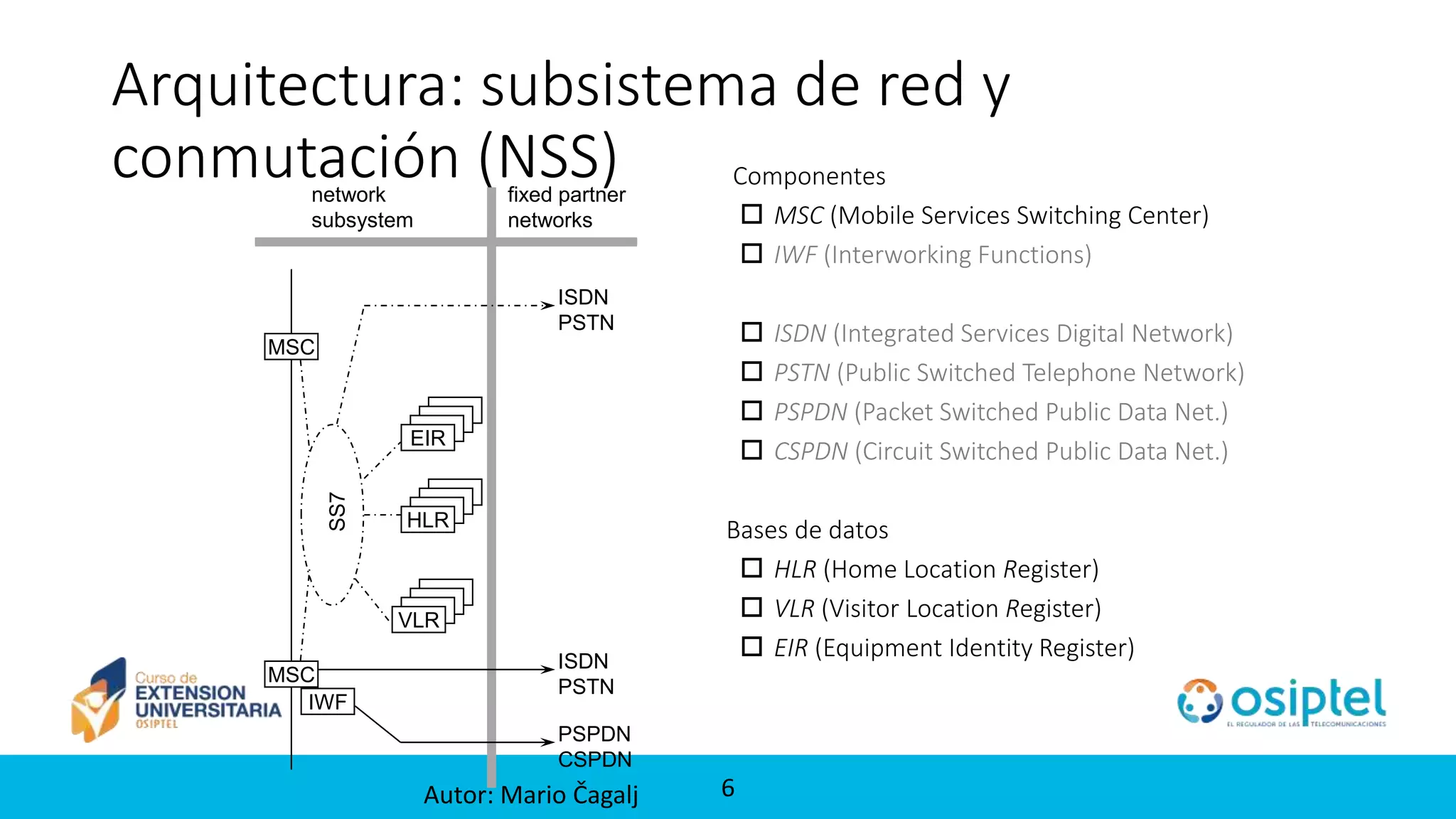 6
Arquitectura: subsistema de red y
conmutación (NSS) Componentes
 MSC (Mobile Services Switching Center)
 IWF (Interworking Functions)
 ISDN (Integrated Services Digital Network)
 PSTN (Public Switched Telephone Network)
 PSPDN (Packet Switched Public Data Net.)
 CSPDN (Circuit Switched Public Data Net.)
Bases de datos
 HLR (Home Location Register)
 VLR (Visitor Location Register)
 EIR (Equipment Identity Register)
network
subsystem
MSC
MSC
fixed partner
networks
IWF
ISDN
PSTN
PSPDN
CSPDN
SS7
EIR
HLR
VLR
ISDN
PSTN
Autor: Mario Čagalj
 
