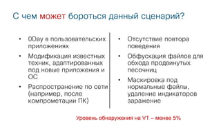 C чем может бороться данный сценарий?
• Отсутствие повтора
поведения
• Обфускация файлов для
обхода продвинутых
песочниц
• Маскировка под
нормальные файлы,
удаление индикаторов
заражение
• 0Day в пользовательских
приложениях
• Модификация известных
техник, адаптированных
под новые приложения и
ОС
• Распространение по сети
(например, после
компрометации ПК)
Уровень обнаружения на VT – менее 5%
 