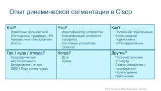 © 2018 Cisco and/or its affiliates. All rights reserved. Cisco Public
Кто?
Известные пользователи
(Сотрудники, продавцы, HR)
Неизвестные пользователи
(Гости)
Что?
Идентификатор устройства
Классификация устройств
(профиль)
Состояние устройства
(posture)
Как?
Проводное подключение
Беспроводное
подключение
VPN-подключение
Где / куда / откуда?
Географическое
местоположение
Департамент / отдел
SSID / Порт коммутатора
Когда?
Дата
Время
Другие?
Пользовательские
атрибуты
Статус устройства /
пользователя
Используемые
приложения
Опыт динамической сегментации в Cisco
 