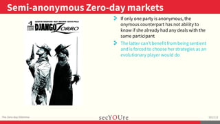 ..
Semi-anonymous Zero-day markets
.
The Zero-day Dilemma
.
102/112
..
. If only one party is anonymous, the
onymous count...