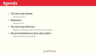 ..
Agenda
.
1. The Zero-day Market
A hairy business
2. Relevance
Should I care?
3. The Zero-day Dilemma
Extortion and Cooperation in the Zero-day Market
4. Recommendations to Zero-day traders
How to maximize the payoﬀ?
 