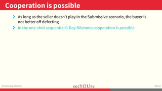 ..
Cooperation is possible
.
The Zero-day Dilemma
.
76/112
. As long as the seller doesn’t play in the Submissive scenario, the buyer is
not better oﬀ defecting
. In the one-shot sequential 0-Day Dilemma cooperation is possible
 