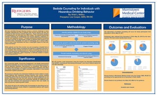 We have identified through literature review a common challenge in many
hospitals regarding the care of patients with chronic alcohol use who are
admitted for other primary medical diagnoses. These individuals’ duration
of hospitalization can last days and, often, weeks. The reasons behind this
industry challenge are multifactorial and include objective, subjective, fi-
nancial, and regulatory issues.10
Through professional bedside counseling
we hope to provide an opportunity to begin to address these issues on an
individual basis. Admittedly, the need is challenging, but a clinical differ-
ence in even a few individuals will have a meaningful impact for that indi-
vidual and family.8
While patients are free from alcohol use and occupying a hospital bed at
our facility alcohol-related counseling and referral to outpatient services is
not consistent. We currently provide no routine counseling services for pa-
tients with hazardous drinking behaviors. The focus is generally on the pri-
mary medical diagnoses, which frequently is indirectly related to hazard-
ous drinking behavior.1, 3, 4, 6, 7
Our Community Health, Community Engagement, and Health Improvement
Department identifies one of the unmet needs in our surrounding communi-
ties as addiction treatment, interventions, or counseling. This finding is
consistent with findings in the general United States population that there
are missed opportunities for health promotion intervention in the alcohol
withdrawal in-patient population.2
We propose to describe and understand healthcare trends related to hospi-
talized patients with hazardous drinking behavior who receive bedside
counseling while they are recovering from their medical diagnoses at our
facility. Individuals who feel that their needs are being addressed and are
given healthy lifestyle choices and community referrals for additional sup-
port may feel motivated and empowered to improve their own health, as
well as positively impacting public health.
This study will add to the existing body of knowledge by describing and un-
derstanding healthcare trends related to hospitalized patients with hazard-
ous drinking behavior.
We will provide a brief assessment using the Alcohol Use Disorders Identification
Test (AUDIT), motivational interviewing techniques5
, and a list of referral options for
use after discharge.
The intervention of bedside counseling will occur for study participants from
December 6, 2016—May 25, 2017.
Preliminary data collected from December 8, 2015—May 26, 2016 for the retro-
spective 745-chart review identify these trends:
Acknowledgments
Sincere thanks to Morristown Medical Center and Lise Cooper, MSN, RN-BC for
providing me the opportunity for an internship in Public Health.
Sincere thanks to my professor Ann Marie Hill, MBA for her guidance.
References
Available upon request
 