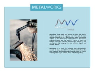 ▪ Metalworks is the global R&D division of Maxus, the world’s
fastest growing media agency over the last 5 years
(Recma). Founded in 2012, Metalworks is based in Singapore
and led by Nico Abbruzzese and Tom Kelshaw. Metalworks
empowers Maxus and the agency’s clients to Lean Into
Change through creative technology research and
development by bridging the gap between digital and
physical worlds.
▪ Metalworks is a team of creatives and technologists:
modern all-round lateral thinkers. The division sits at the
core of Maxus, delivering interactive experiences for clients
including GSK, Bayer, L’Oreal, Tesco and others globally.
METALWORKS
 